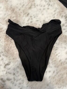 Aerie Black High-Cut Bikini Bottoms with Ruffled Waist (Large)